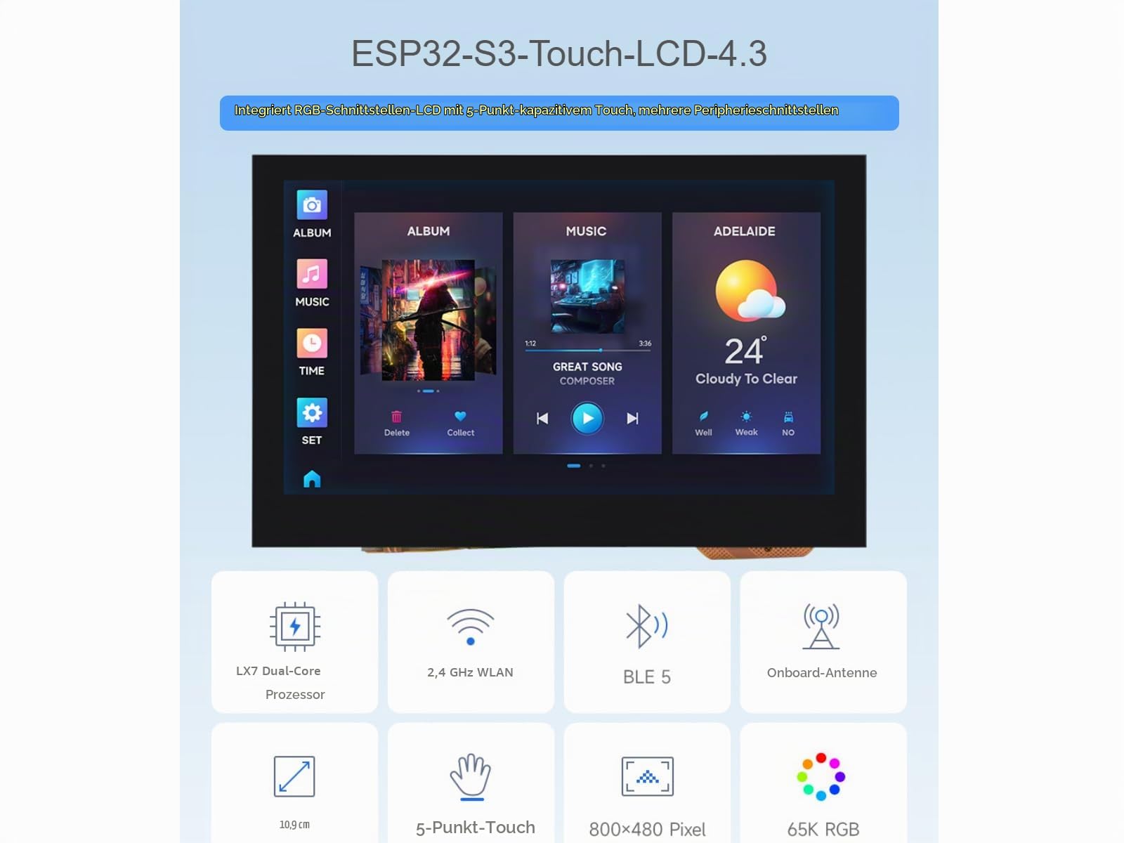 waveshare-esp32-s3-4-3-zoll-capacitive-touch-display-entwicklungsboard-mit-wifi- image 2