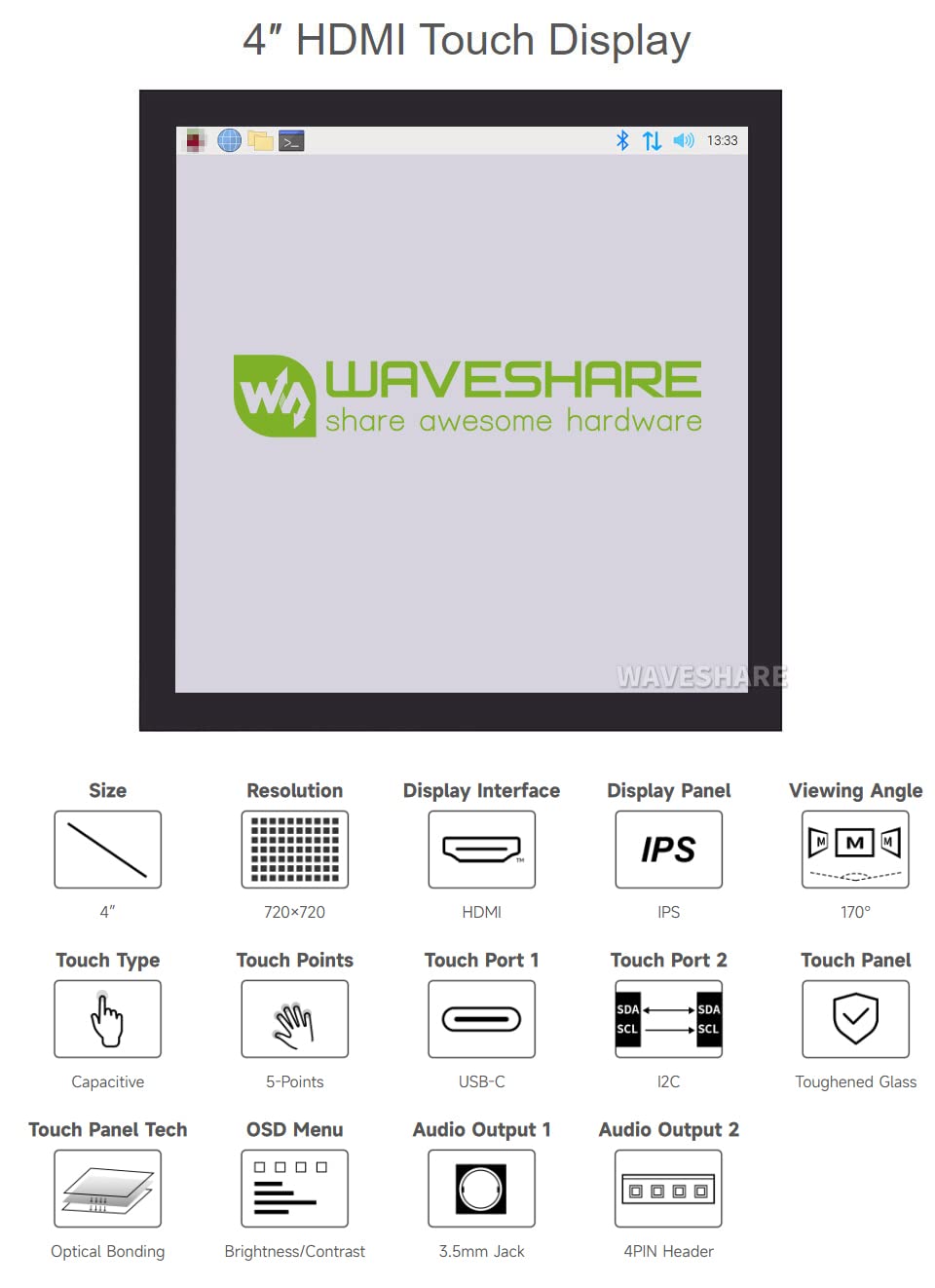 waveshare-4-zoll-hdmi-ips-touch-display-c-720-720-kapazitiv-laminiert-f-r-raspbe image 3