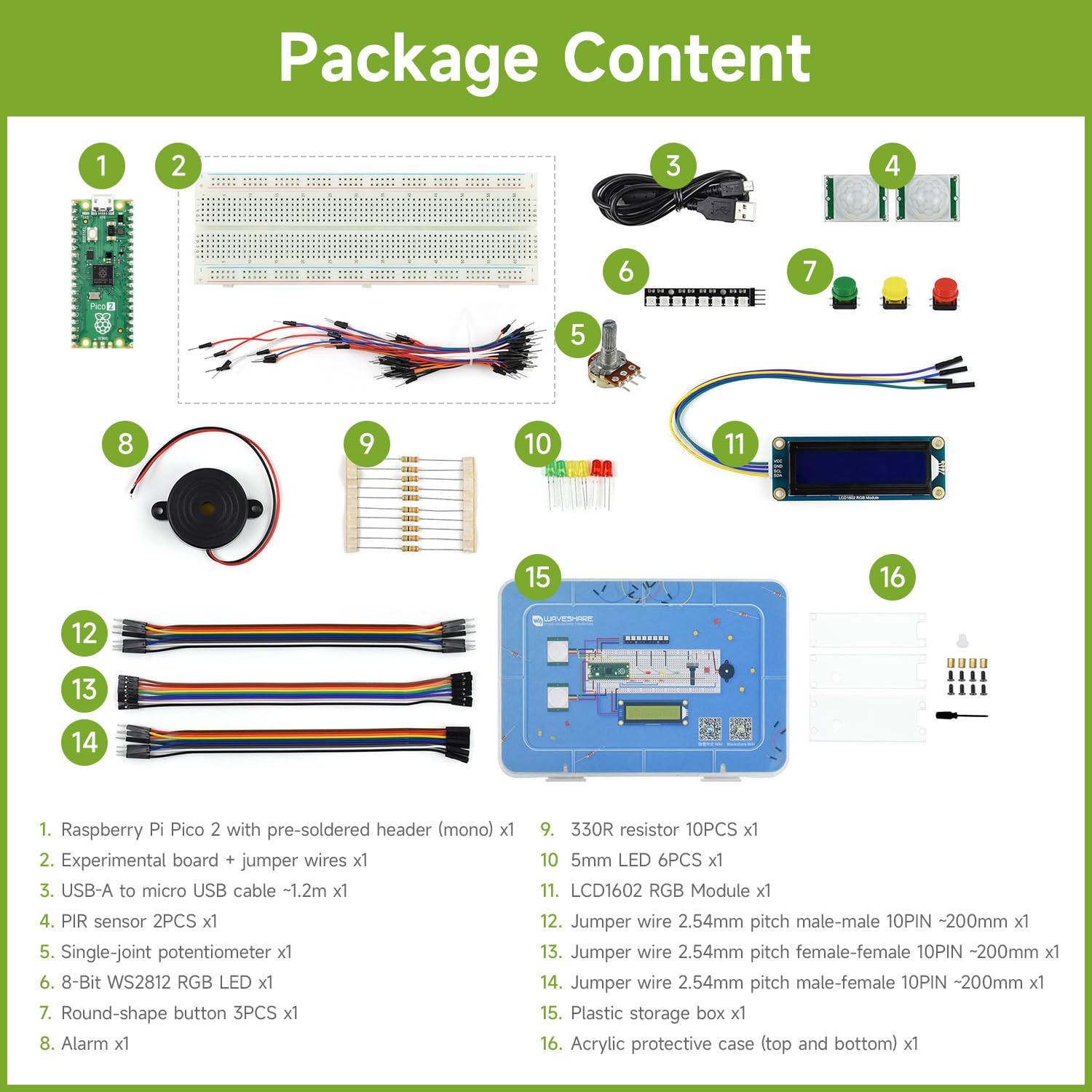 waveshare-pi-pico-2-basic-kit-mit-rp2350-pico-2-lcd1602-rgb-pir-rgb-led-micropyt image 2
