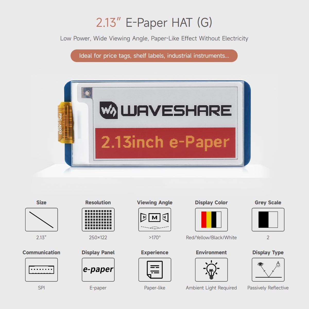 waveshare-2-13-zoll-e-paper-hat-g-e-ink-display-250x122-f-r-raspberry-pi image 3