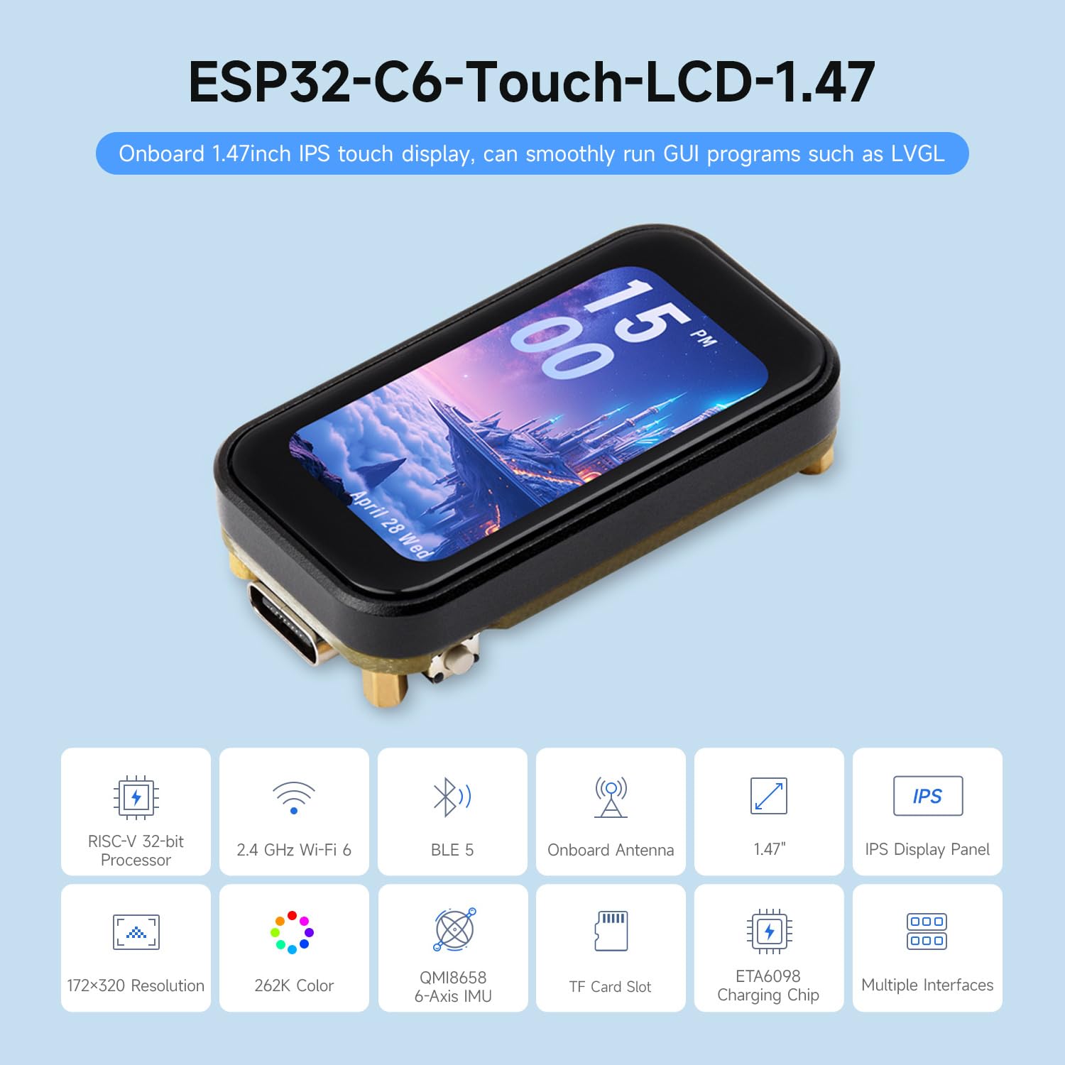 waveshare-esp32-c6-1-47-zoll-touch-display-entwicklungsboard-ohne-pinheader-wifi image 3