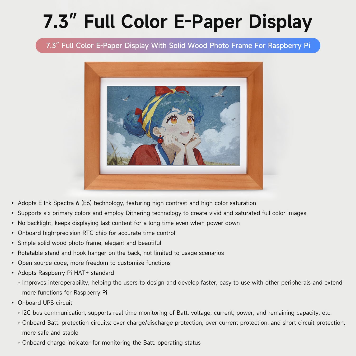 waveshare-7-3-zoll-e6-full-color-e-paper-im-massivholz-bilderrahmen-bundle-mit-r image 3