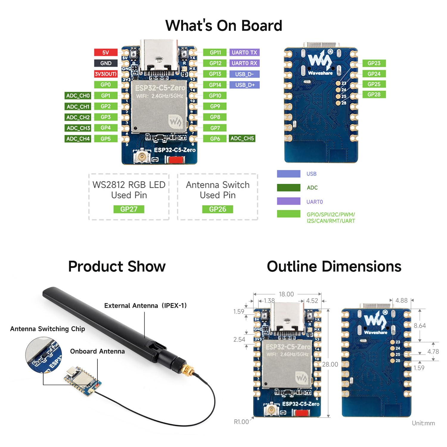 waveshare-esp32-c5-mini-entwicklungsboard-zero-m-mit-header-dual-band-wi-fi-6-bt image 6