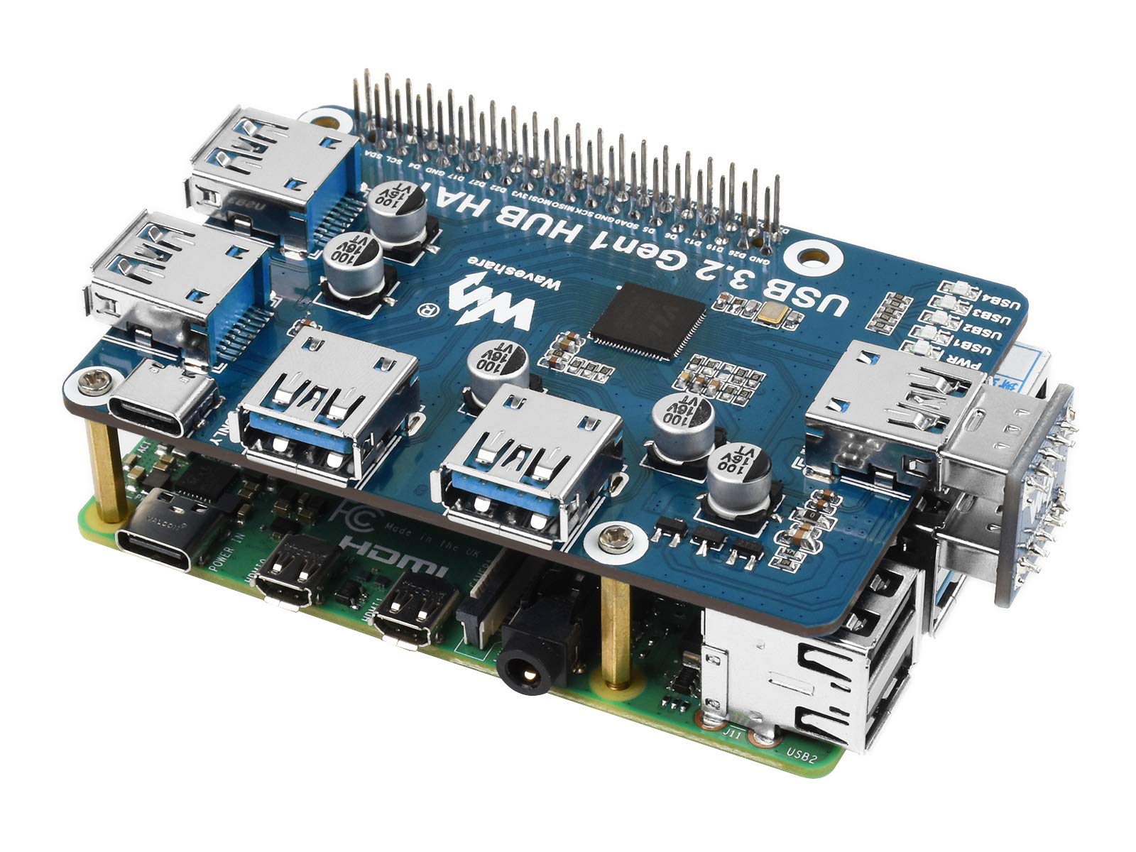 waveshare-usb-3-2-gen1-hub-hat-f-r-raspberry-pi-4x-usb-ports-plug-play image 2