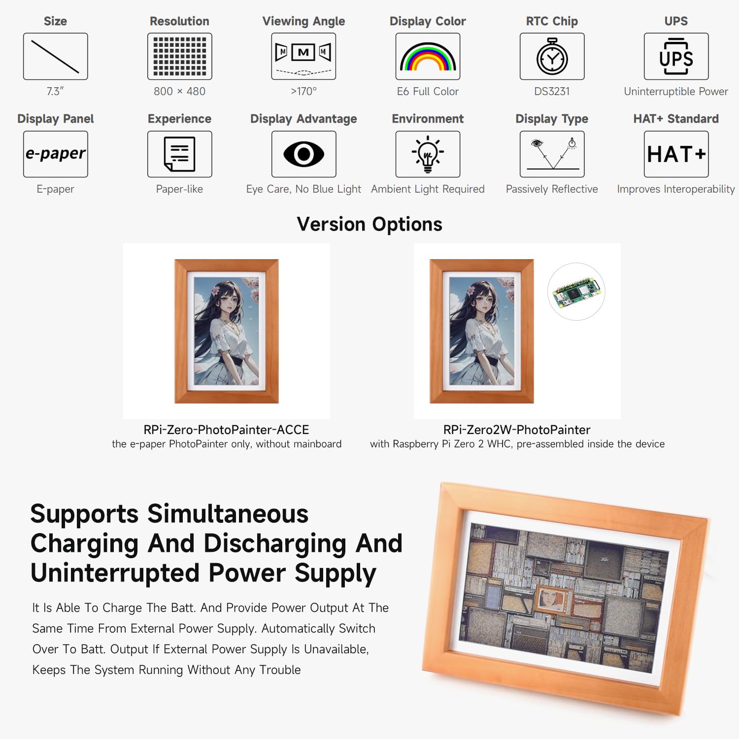 waveshare-7-3-zoll-e6-full-color-e-paper-im-massivholz-bilderrahmen-bundle-mit-r image 4