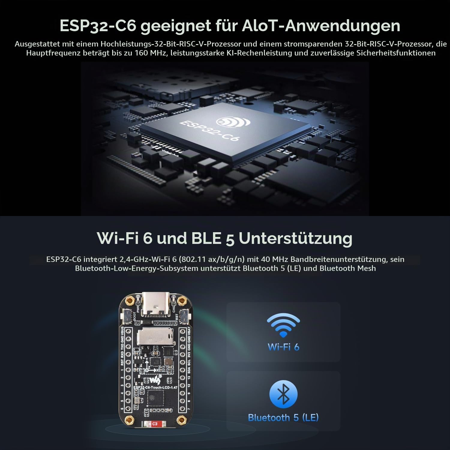 waveshare-esp32-c6-1-47-zoll-touch-display-entwicklungsboard-ohne-pinheader-wifi image 5