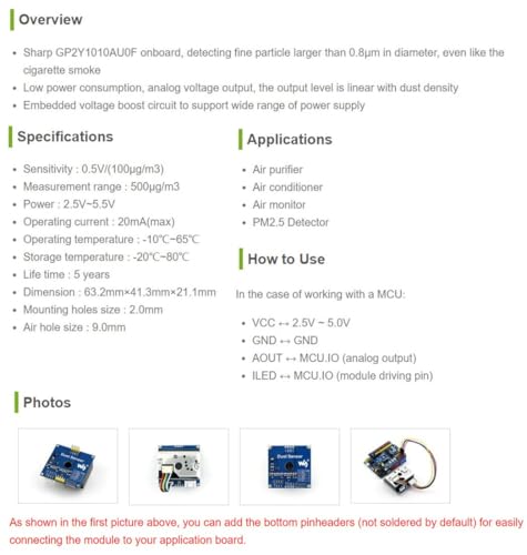 waveshare-staubsensor-detektor-modul-mit-sharp-gp2y1010au0f-f-r-pm2-5-arduino image 6