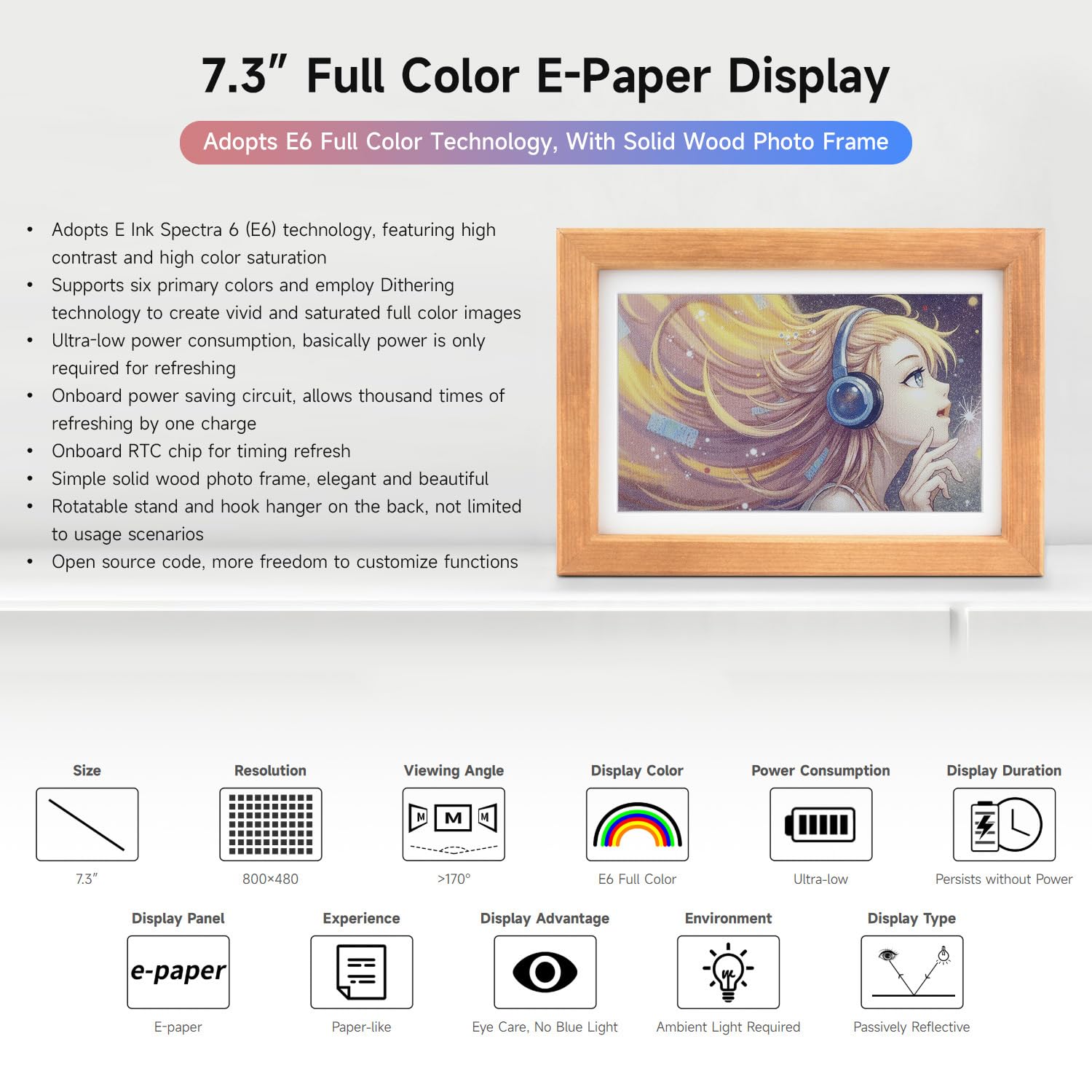 waveshare-7-3-zoll-e6-full-color-e-paper-mit-holz-bilderrahmen-800x480-inkl-akku image 2