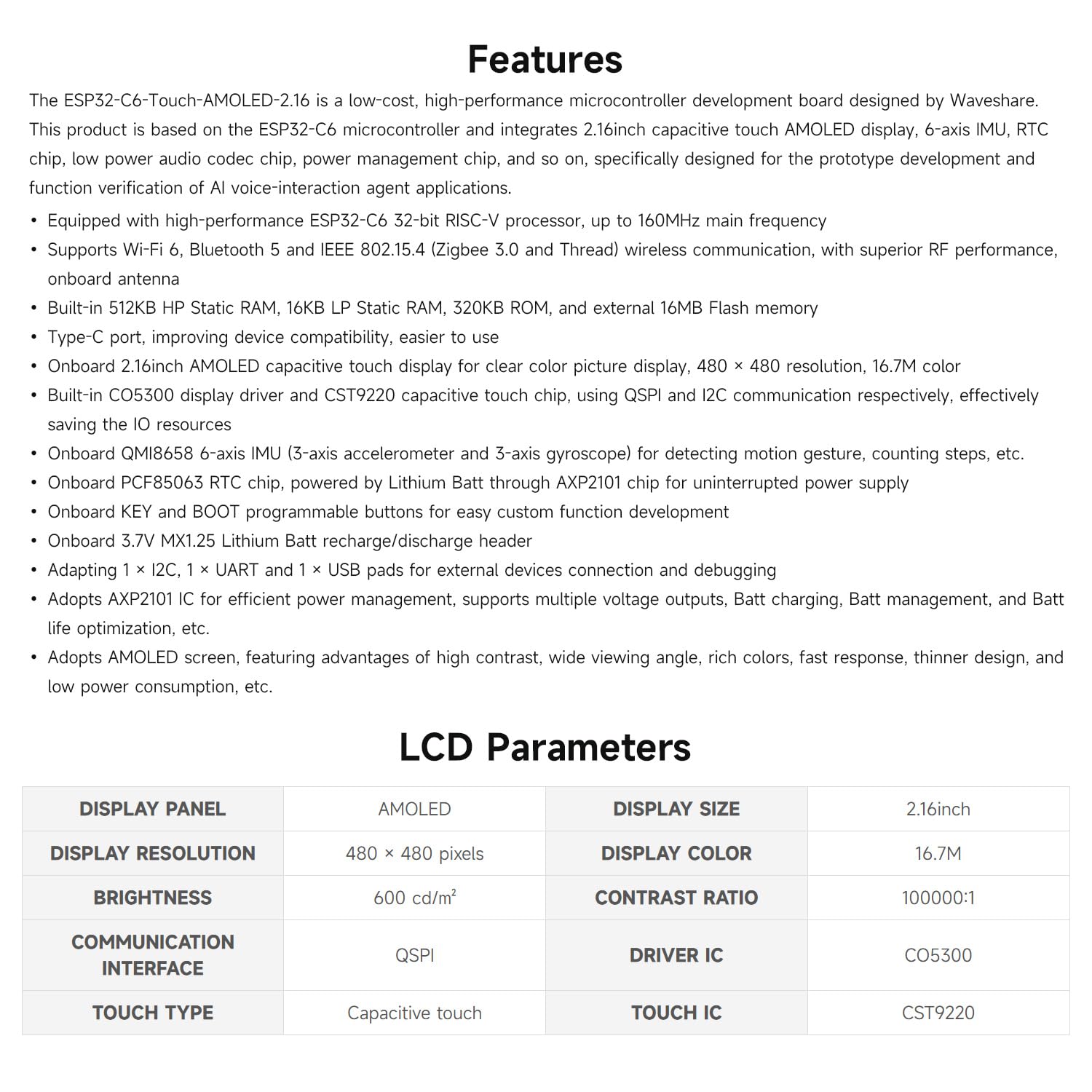 waveshare-esp32-c6-2-16-zoll-amoled-touch-entwicklungsboard-480x480-wi-fi-6-ble- image 4