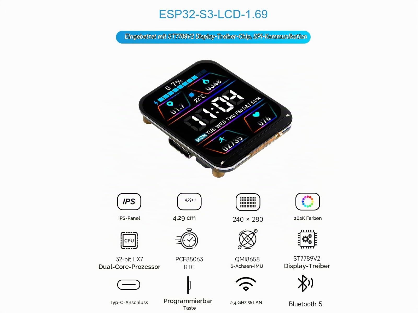 waveshare-esp32-s3-entwicklungsboard-mit-1-69-zoll-touch-lcd-240x280-wifi-blueto image 2