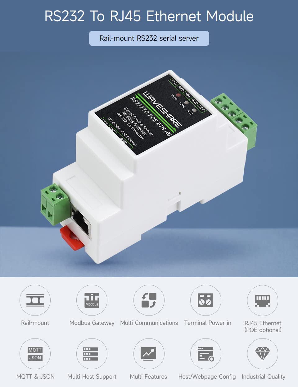 waveshare-industrial-serial-server-rs232-zu-ethernet-rj45-mit-poe-tcp-ip-modbus- image 2