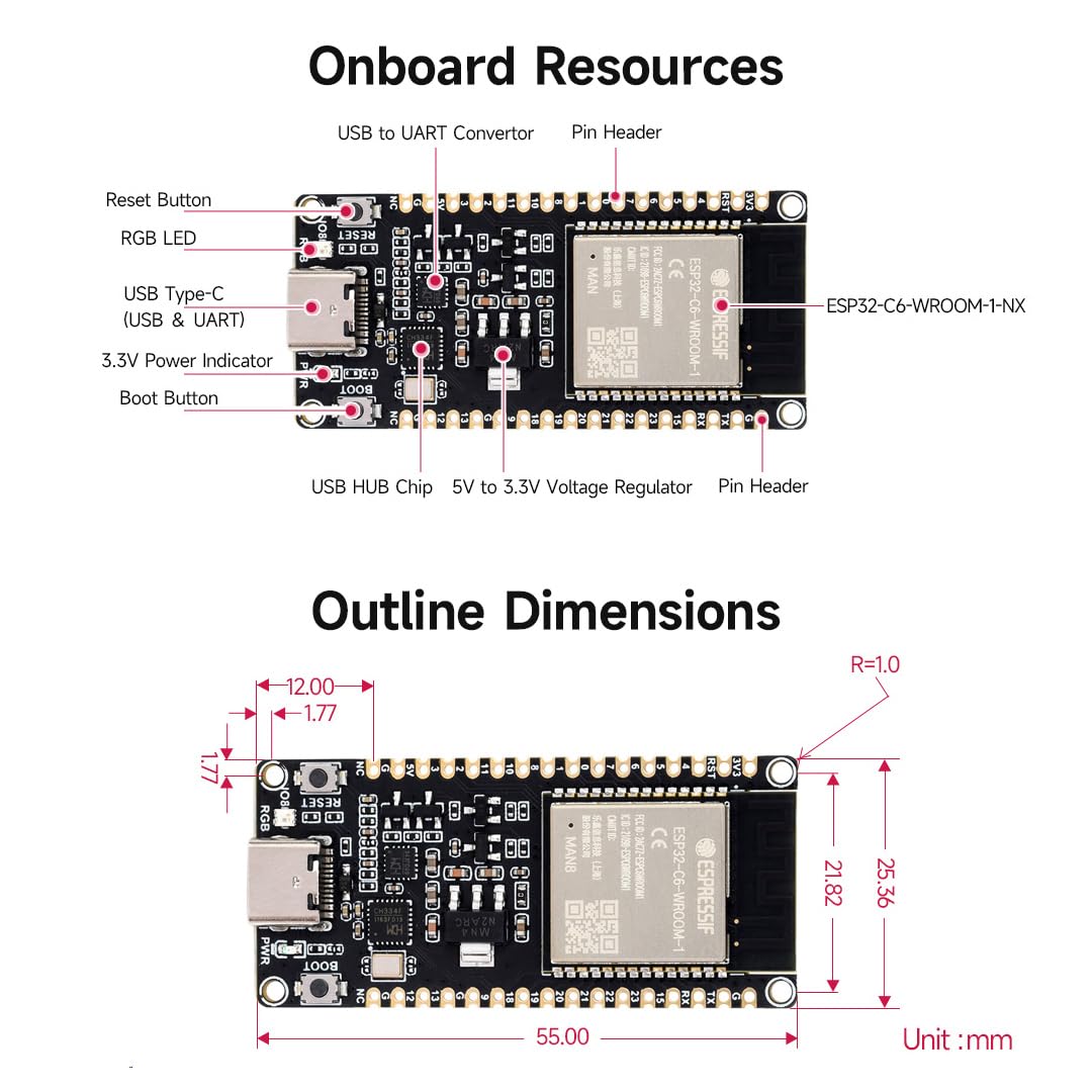 waveshare-esp32-c6-development-board-wifi-6-bt5-zigbee-usb-c-mit-pinheader image 8