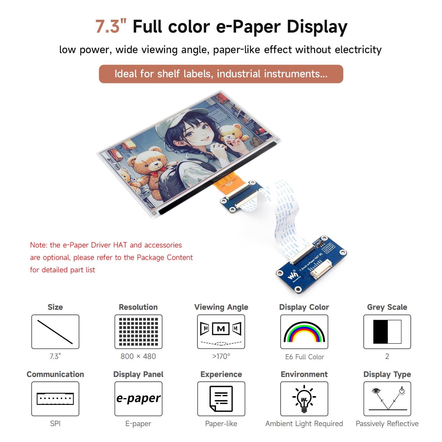 waveshare-7-3-zoll-6-farben-e-paper-display-mit-treiberboard-800x480-spi image 2