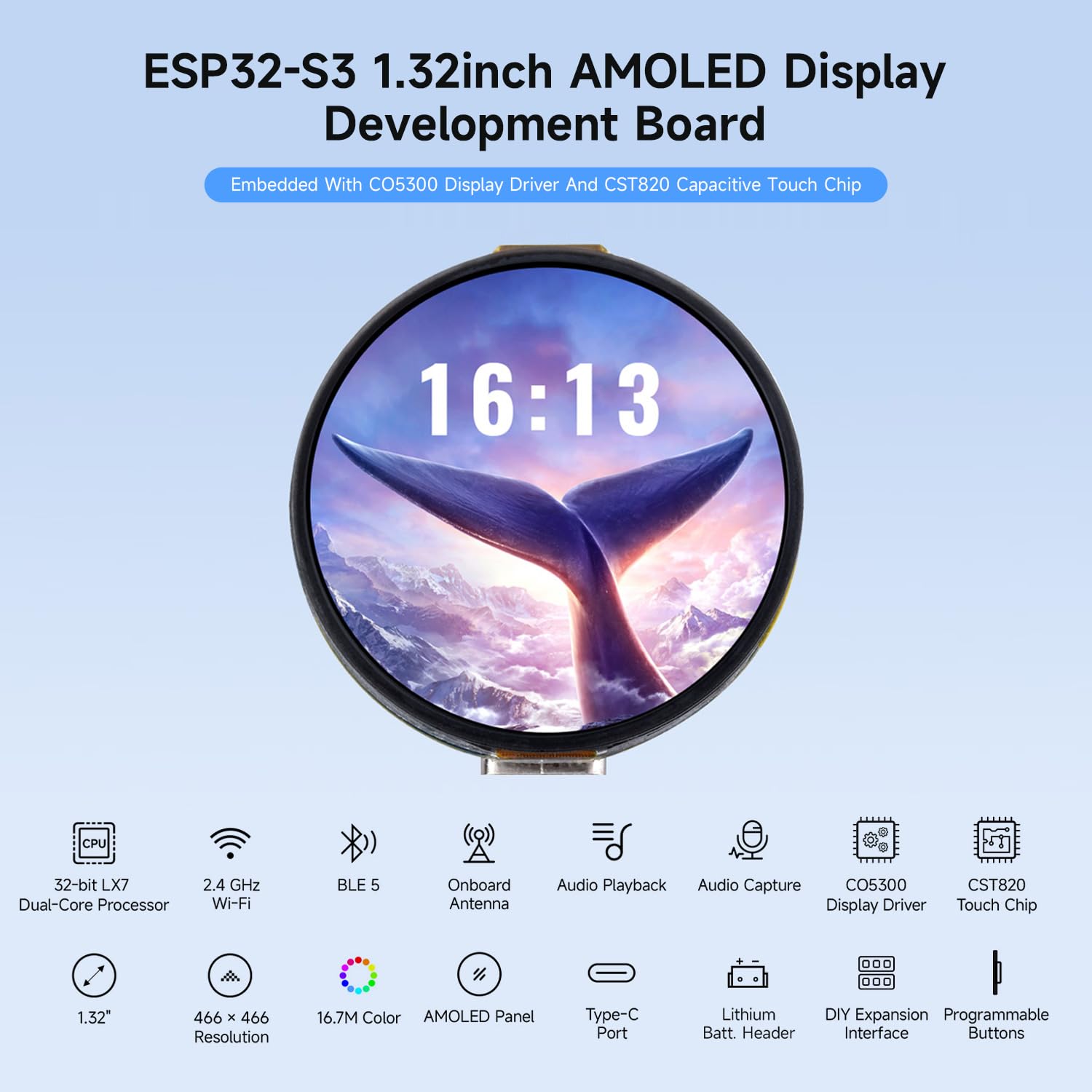 waveshare-esp32-s3-1-32-zoll-amoled-round-touch-board-466x466-wifi-bt-audio image 3