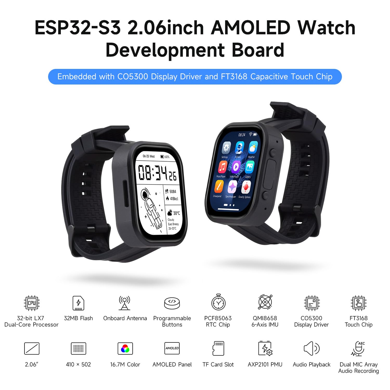 waveshare-esp32-s3-2-06-zoll-amoled-touch-watch-display-entwicklungsboard-410-50 image 3
