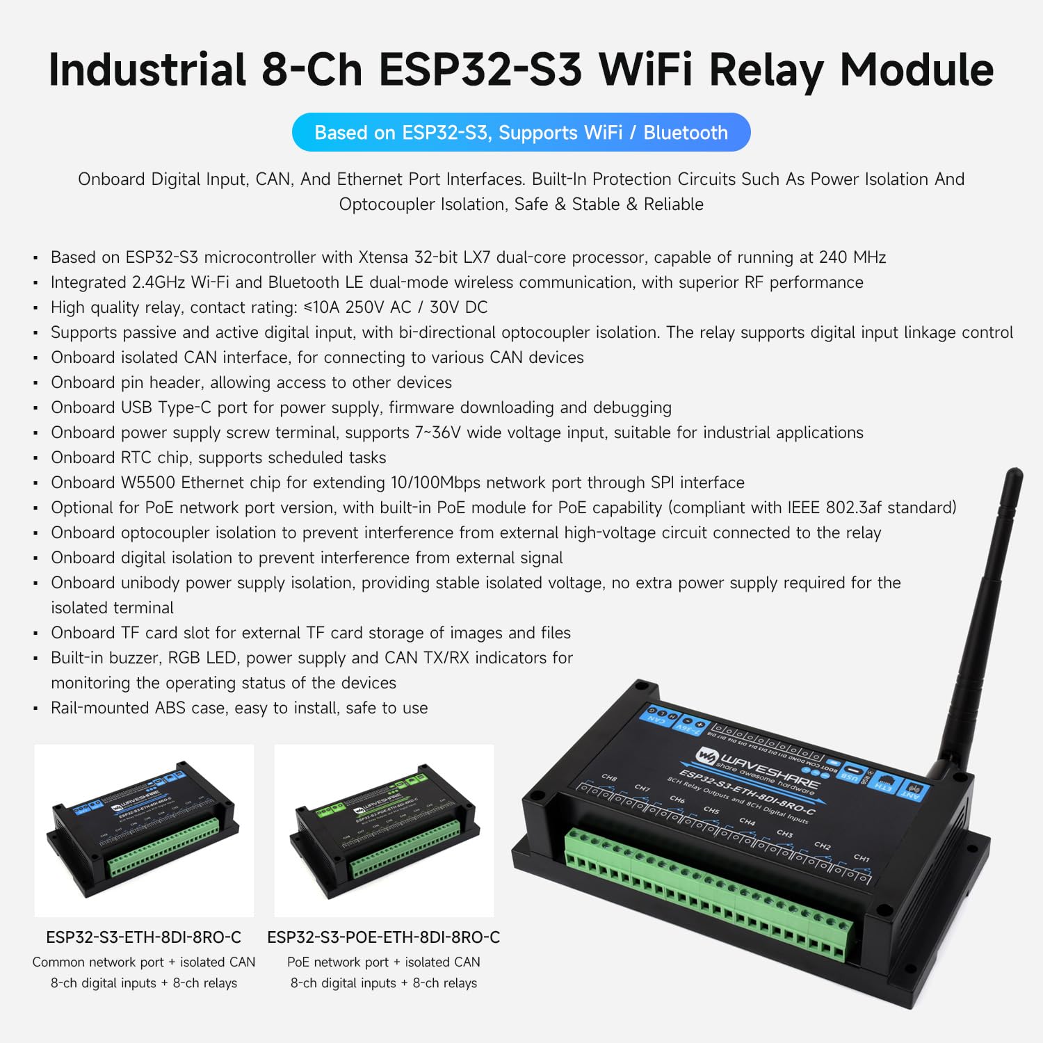 waveshare-esp32-s3-poe-eth-8di-8ro-c-8-kanal-relaismodul-mit-poe-und-can image 3