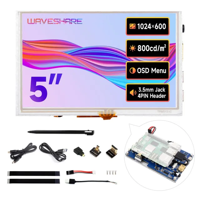 waveshare-5-zoll-hochhelligkeits-touchscreen-kompatibel-mit-raspberry-pi-5-4b-3b image 1