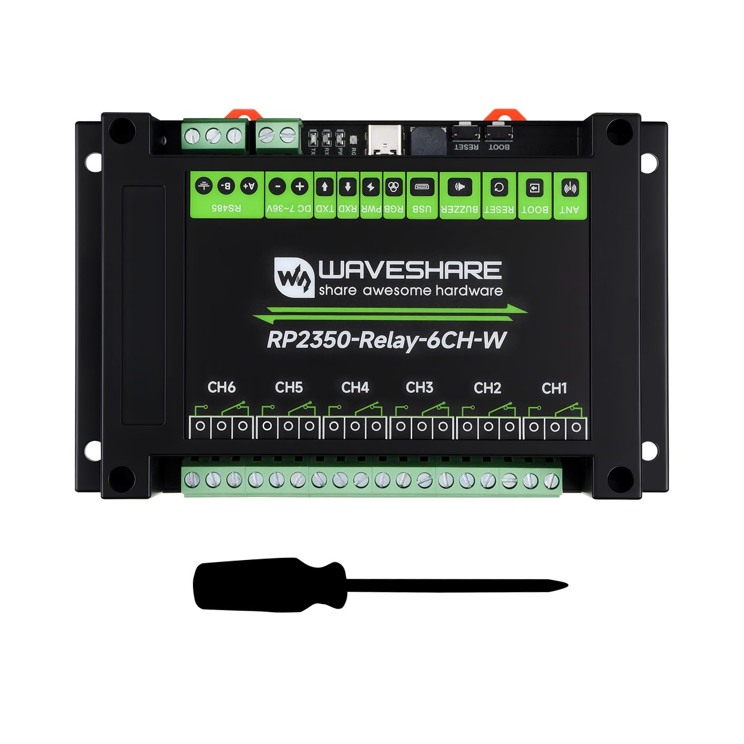 waveshare-industrial-6-kanal-rp2350-relais-modul-mit-wi-fi-im-hutschienen-geh-us image 1