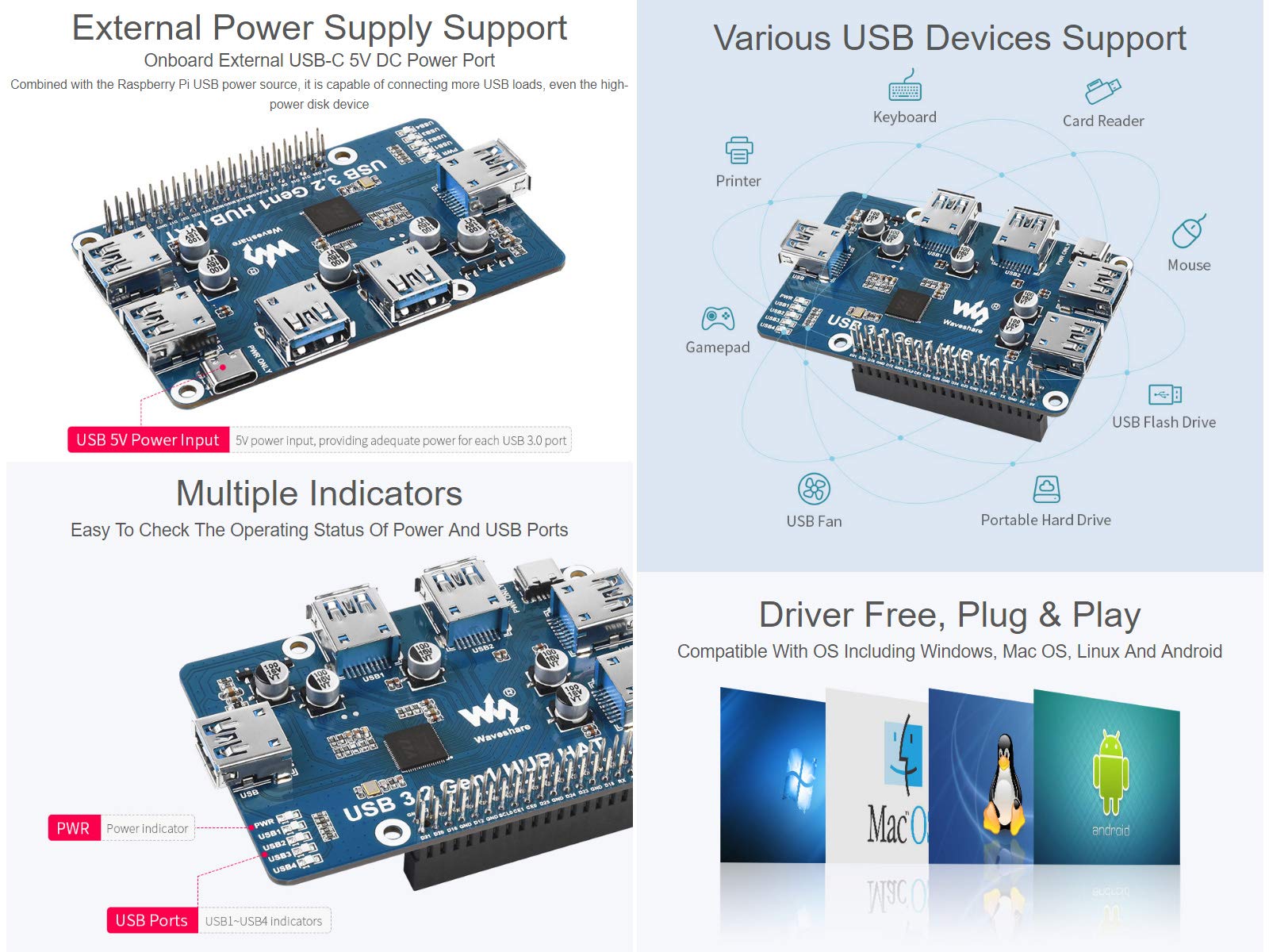 waveshare-usb-3-2-gen1-hub-hat-f-r-raspberry-pi-4-4-ports-bis-zu-5-gbps-treiberl image 5