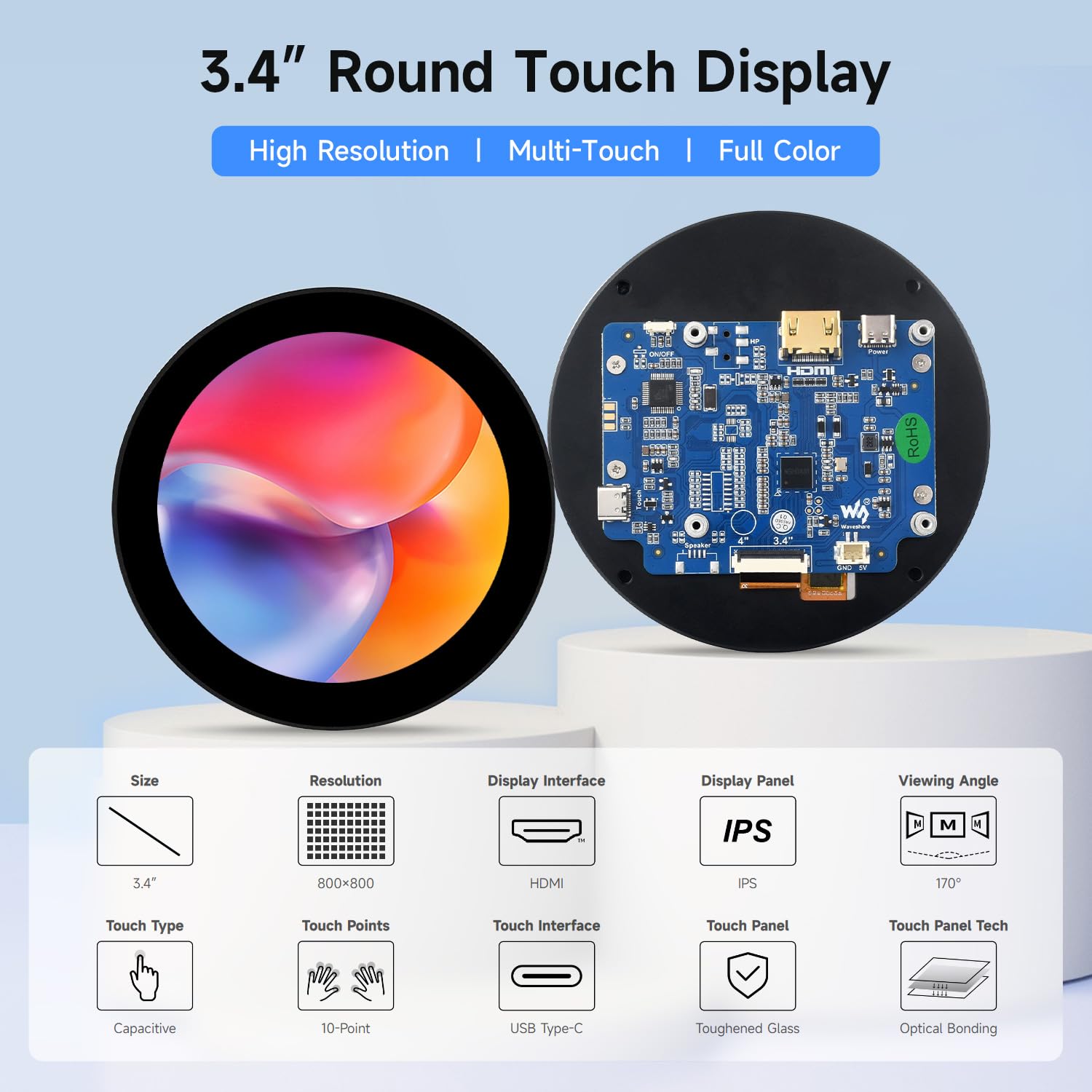 waveshare-3-4-zoll-hdmi-circular-touch-display-800x800-ips-10-punkt-f-r-raspberr image 3