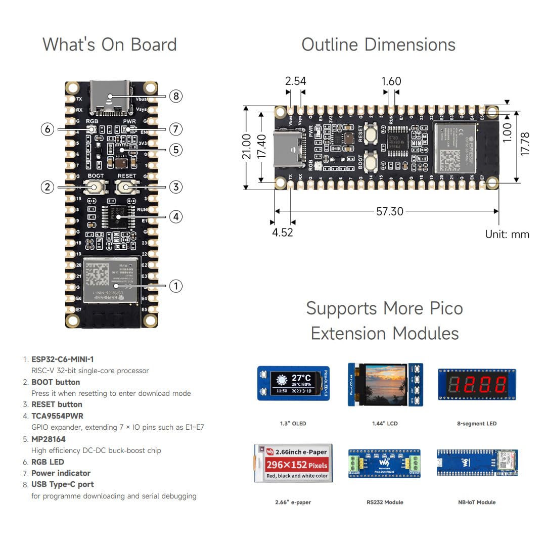 waveshare-esp32-c6-pico-entwicklungsboard-wifi-6-mit-header image 8