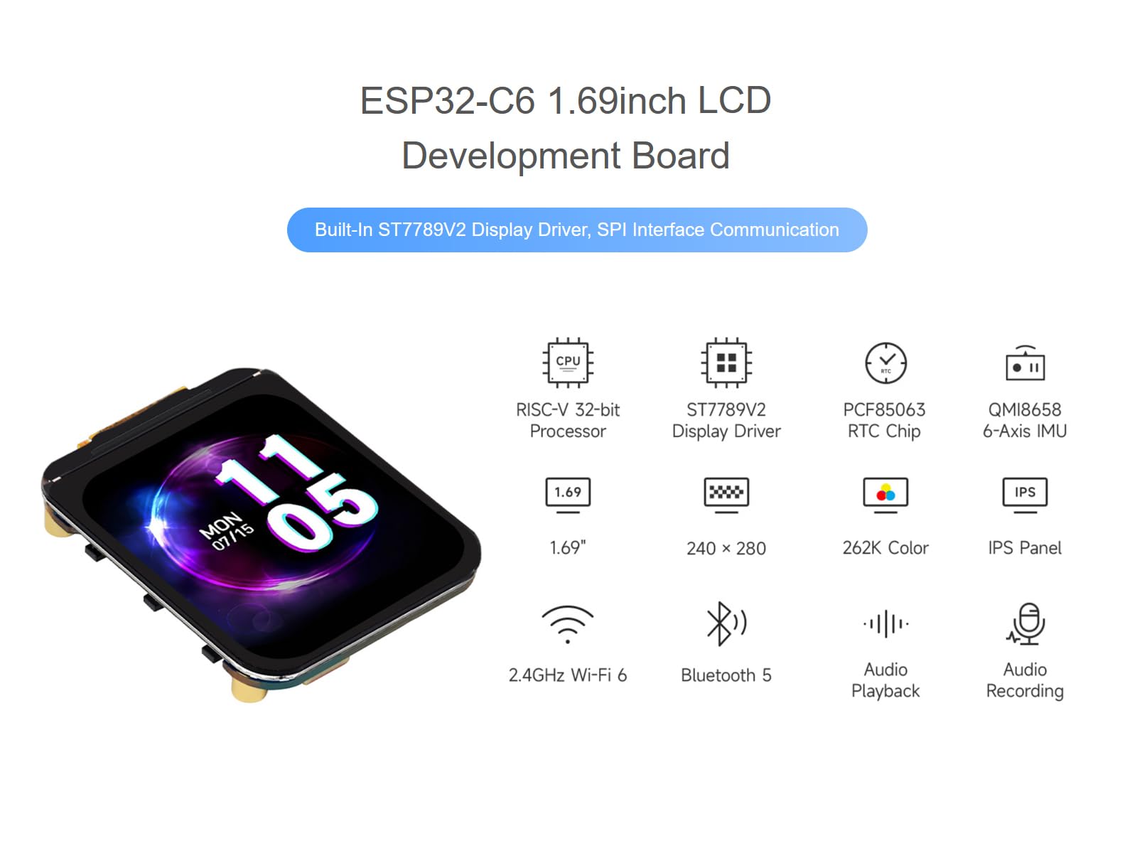 waveshare-esp32-c6-1-69-zoll-display-dev-board-240x280-wi-fi-6-zigbee-thread image 2