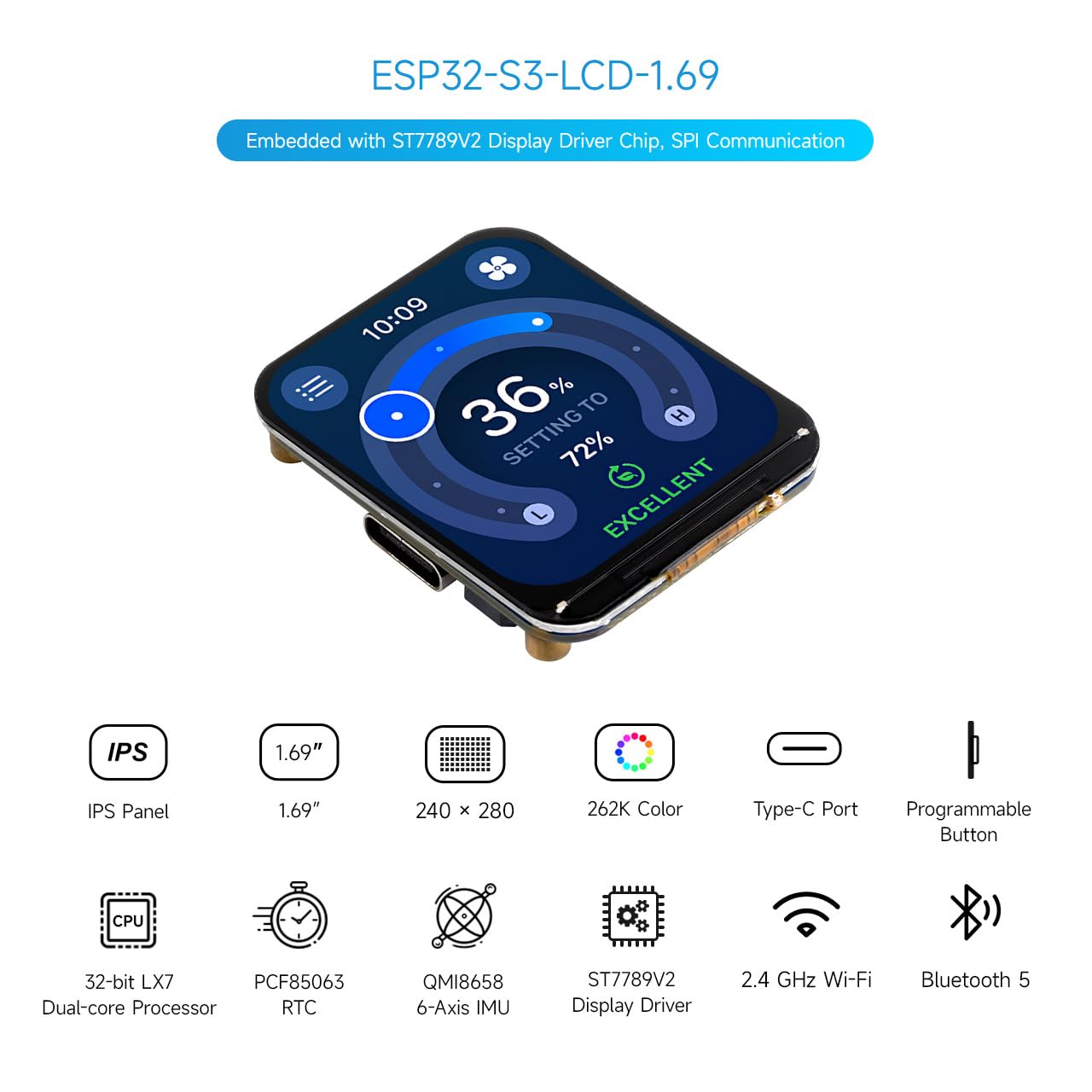 waveshare-esp32-s3-1-69-zoll-display-entwicklungsboard-240x280-wifi-bt5 image 3