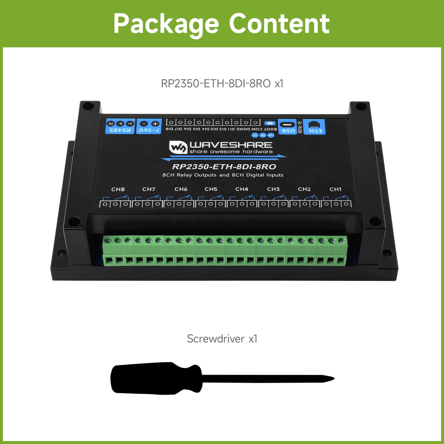 waveshare-industrial-8-kanal-rp2350-relaismodul-ethernet-rs485-di-7-36v image 2