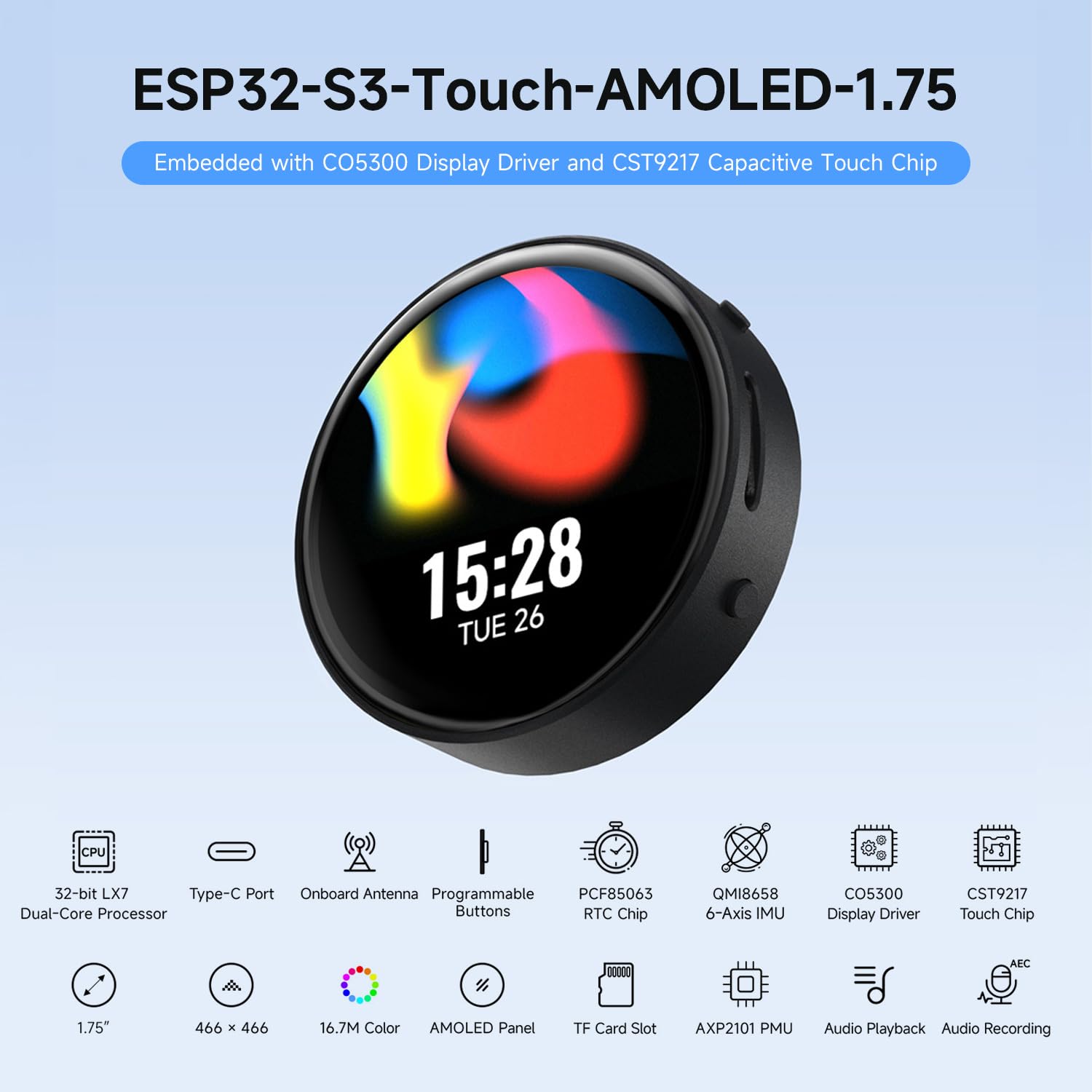 waveshare-esp32-s3-1-75-zoll-amoled-rund-touch-display-board-mit-geh-use-ohne-gp image 3