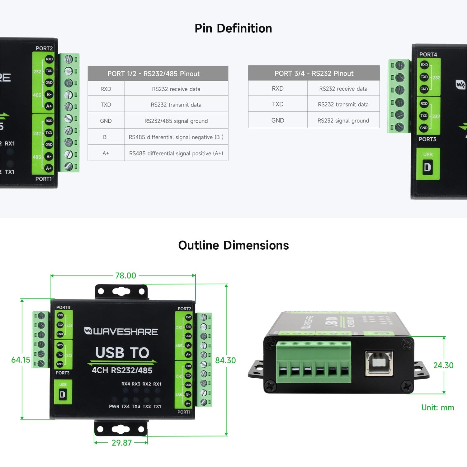 waveshare-industrieller-isolierter-usb-zu-rs232-485-konverter-ft4232hl-4-kanal image 7