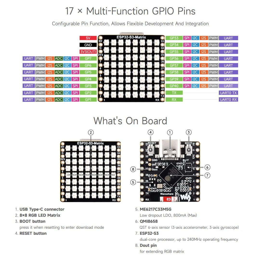 waveshare-esp32-s3-matrix-entwicklungsboard-mit-8x8-rgb-led-matrix-und-qmi8658c- image 8