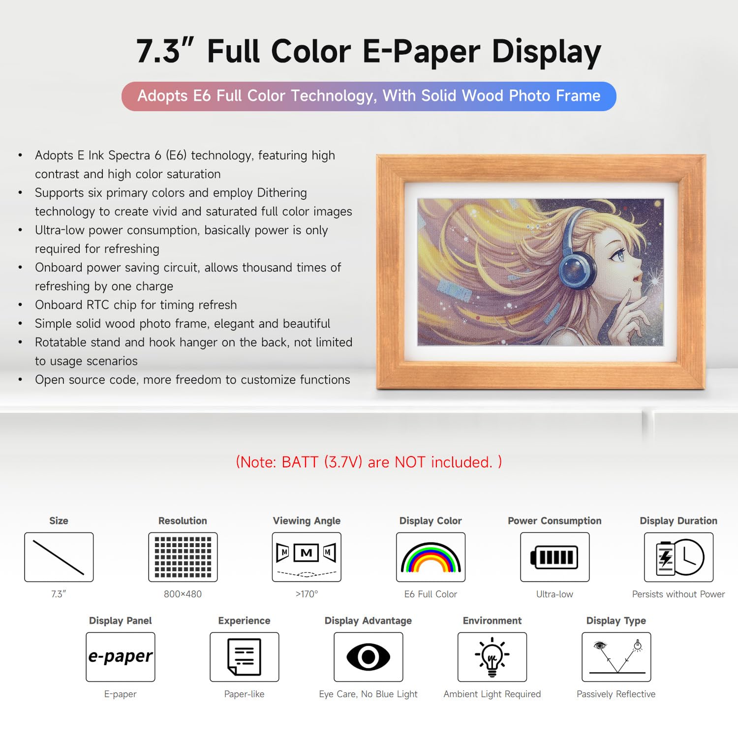 waveshare-7-3-zoll-e6-full-color-e-paper-mit-echtholz-bilderrahmen-800-x-480 image 3